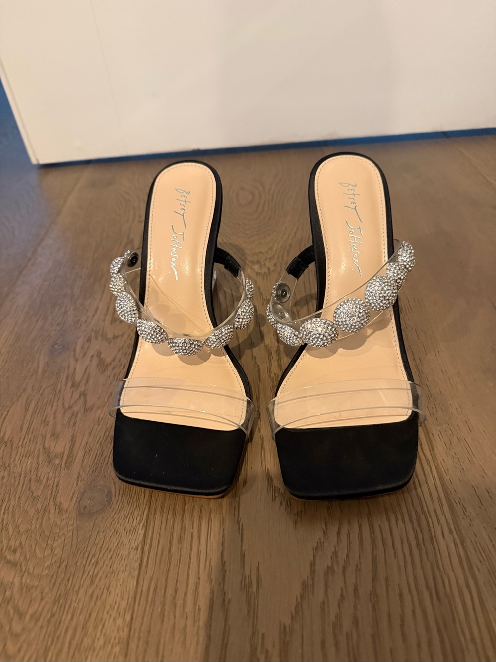 Betsey Johnson Black Suede Mules with Silver Crystal Braided Strap